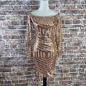 Hot Miami Styles Sequin Off Shoulder Long Sleeve Bodycon Dress Rose Gold Medium